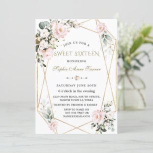 Invitation Charme Aquarelle rose Floral Or Frame Sweet 16
