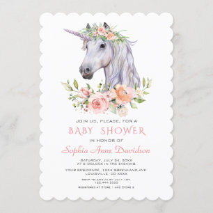 Invitation Charme Aquarelle Unicorne Rose Baby shower Floral