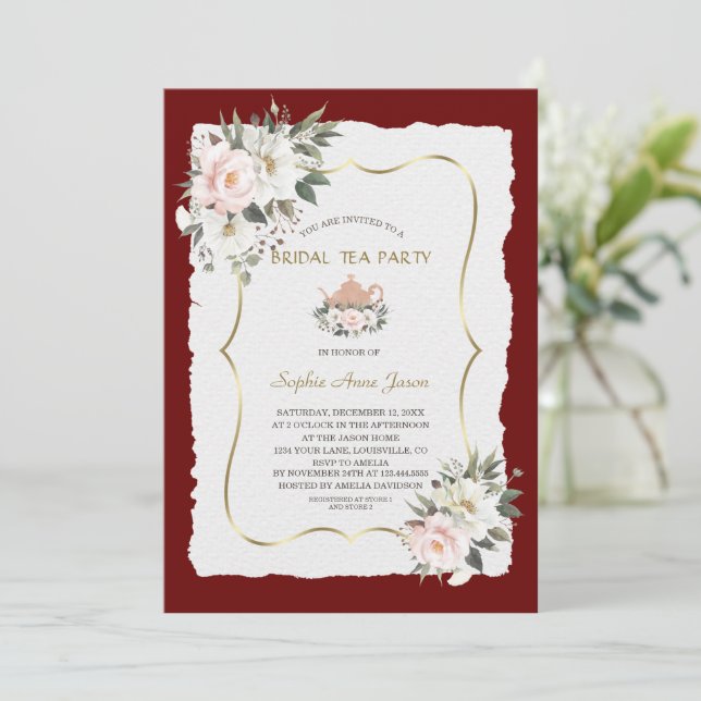 Invitation Charme Blanc Blush Floral Gold Bridal Tea Party (Debout devant)
