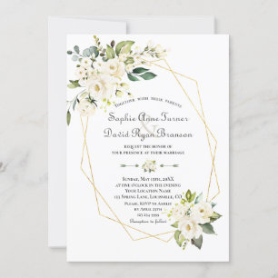 Invitation Charme Blanc Fleurs de crème Mariage de cadre Or
