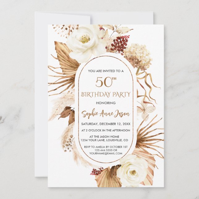 Invitation Charme Blanc Floral Pampas Palme d'Herbe 50e Anniv (Devant)