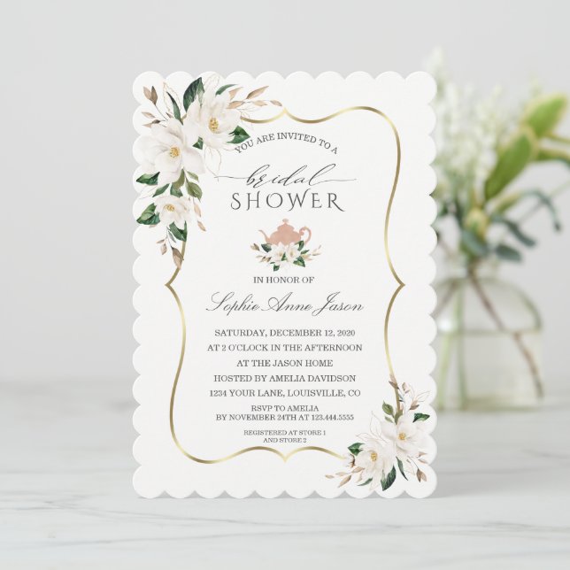 Invitation Charme Blanc Magnolia Or Fête des mariées Florale (Debout devant)