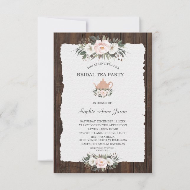 Invitation Charme Blanc Rose Floral Bois Bridal Tea Party (Devant)