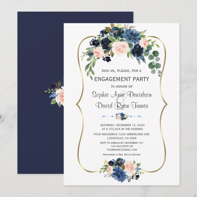 Invitation Charme Bleu Bleu Floral Fiançailles Or (Devant / Derrière)