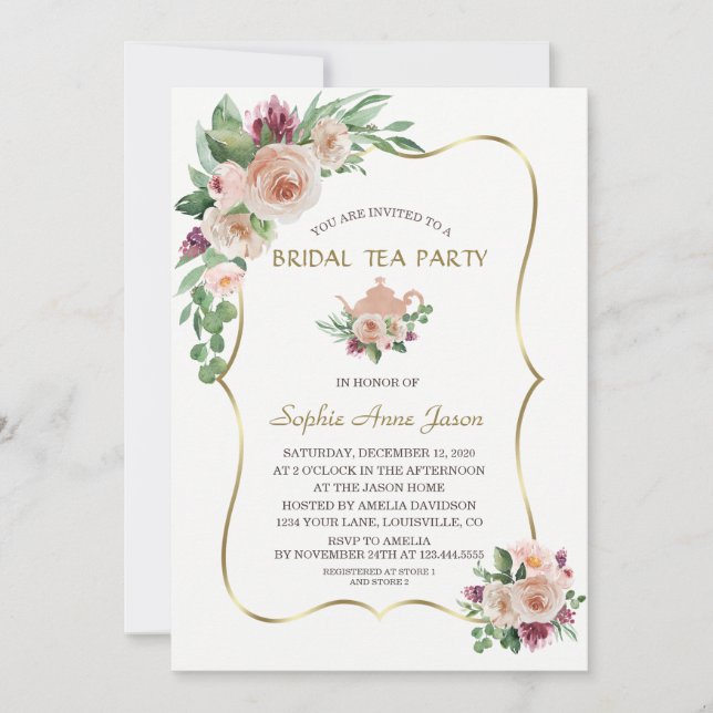Invitation Charme Blush Champagne Floral Gold Bride Tea Party (Devant)