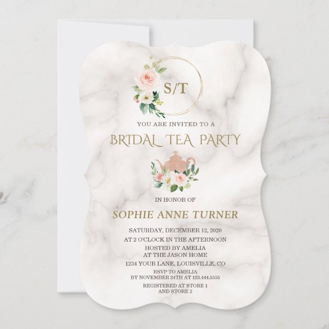 Invitation Charme Blush or cadre Fête des mariées en marbre (Devant)
