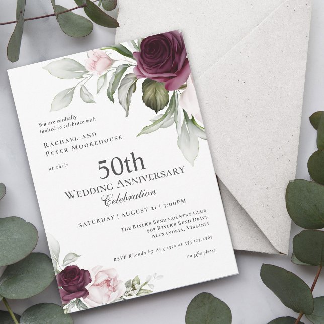 Invitation Charme botanique rose et prune 50e anniversaire (A romantic elegant choice in 50th Wedding Anniversary Invitations.)