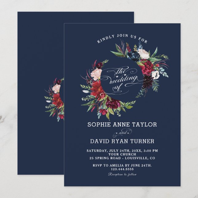 Invitation Charme Bourgogne bleu Fleurs Mariage géométrique (Devant / Derrière)