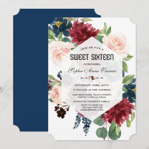 Invitation Charme Bourgogne Bleu Nuit Floral Hexagone Sweet 1