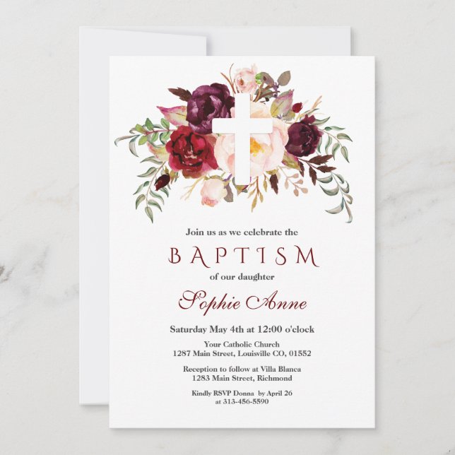 Invitation Charme Bourgogne Blush Floral White Cross Baptisme (Devant)