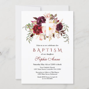 Invitation Charme Bourgogne Blush Floral White Cross Baptisme