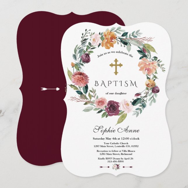 Invitation Charme Bourgogne Blush Ivory Floral Wreath Baptême (Devant / Derrière)