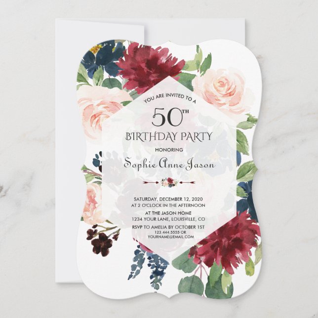 Invitation Charme Bourgogne Cadre Hexagon Floral 50e Annivers (Devant)
