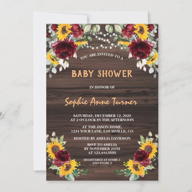 Invitation Charme Bourgogne Floral Sunflowers Baby shower (Devant)