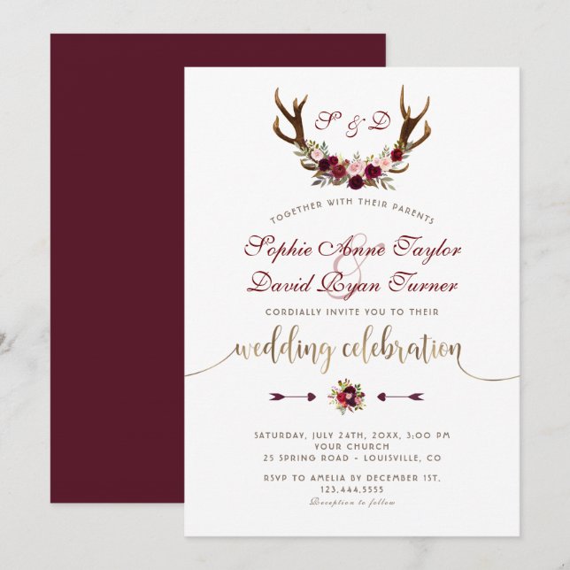 Invitation Charme Bourgogne Marsala Floral Antlers Mariage Or (Devant / Derrière)