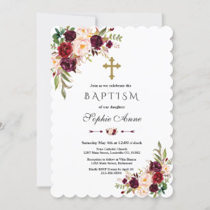 Invitation Charme Bourgogne Marsala Floral Girl Baptême