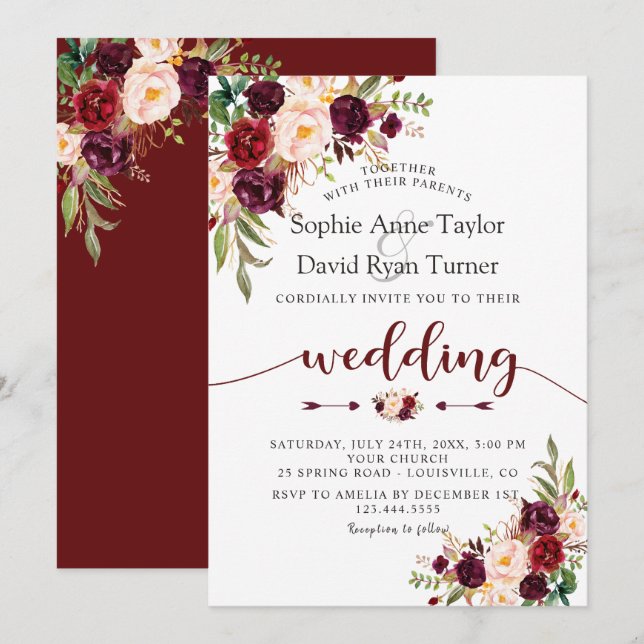 Invitation Charme Bourgogne Marsala Floral Mariage (Devant / Derrière)