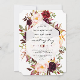 Invitation Charme Bourgogne Marsala Floral Mariage géométriqu