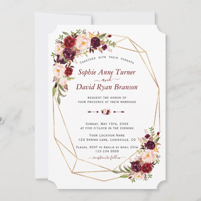 Invitation Charme Bourgogne rose Floral Gold Frame Mariage (Devant)