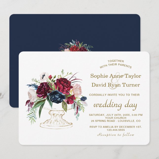 Invitation Charme Burgundy Blue Watercolor Mariage (Devant / Derrière)