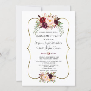 Invitation Charme Burgundy Blush Floral Fiançailles or