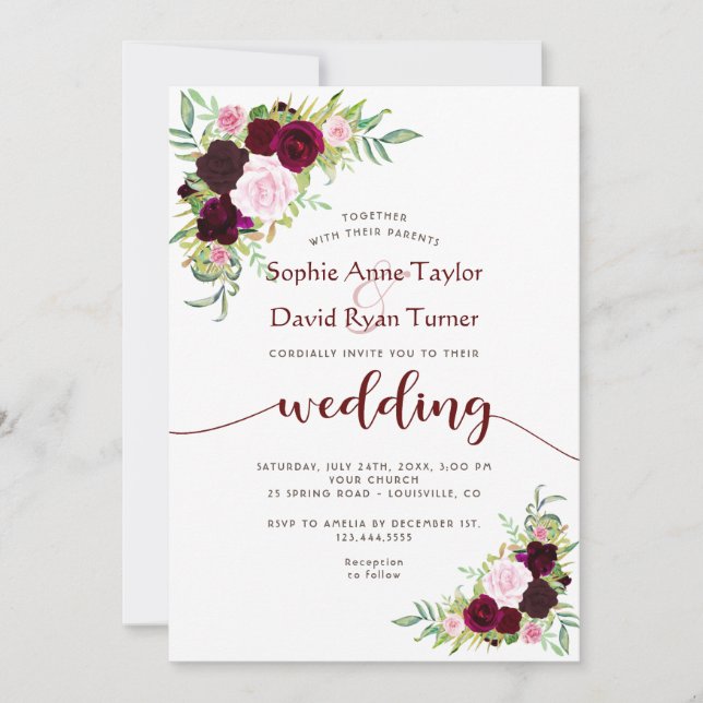 Invitation Charme Burgundy Marsala Floral Mariage or (Devant)