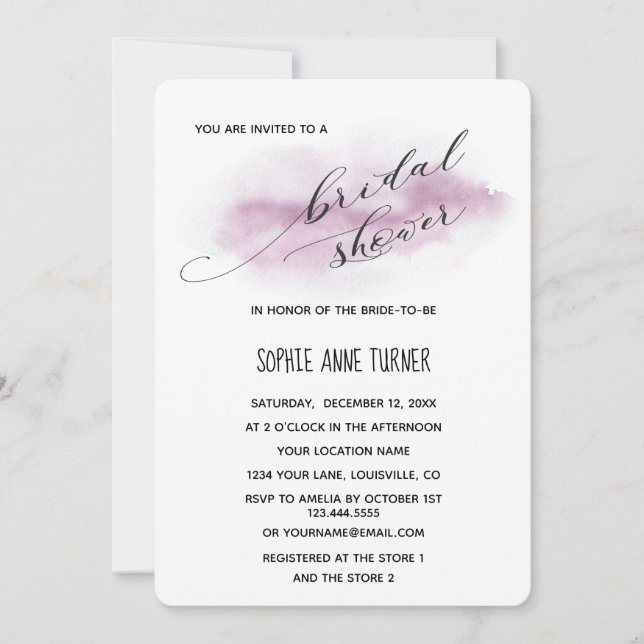 Invitation Charme calligraphie Aquarelle rose Fête des mariée (Devant)