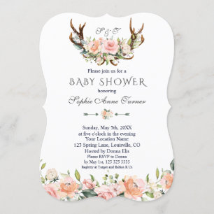 Invitation Charme Crème rose Floral Antlers Baby shower