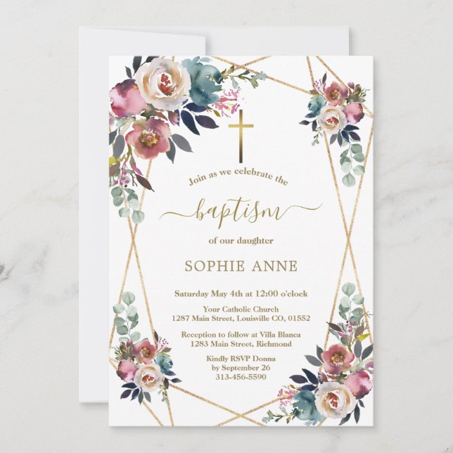 Invitation Charme Dusty Bleu Misty Fleurs Roses Or Baptême (Devant)