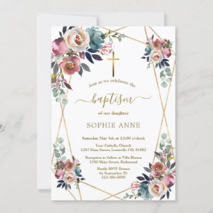 Invitation Charme Dusty Bleu Misty Fleurs Roses Or Baptême