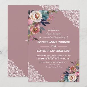 Invitation Charme Dusty Blue Dusty Rose Floral Mariage