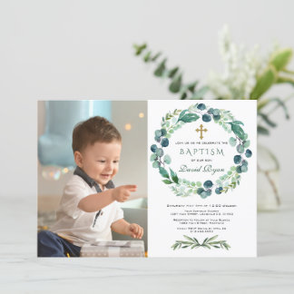 Invitation Charme Eucalyptus Foliage Wreath Boy Photo Baptême