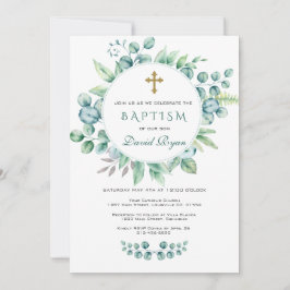 Invitation Charme Eucalyptus Verdure Wreath Cross Garçon Bapt