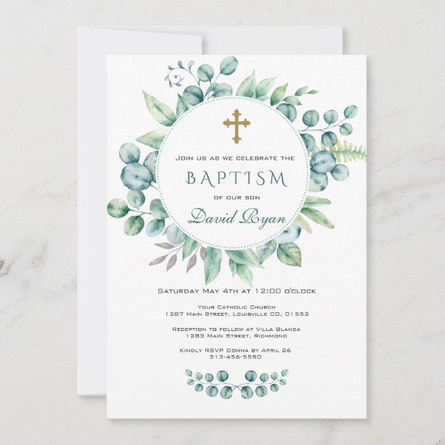 Invitation Charme Eucalyptus Verdure Wreath Cross Garçon Bapt (Devant)
