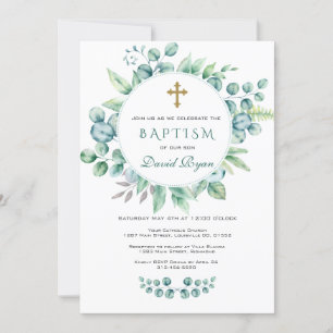 Invitation Charme Eucalyptus Verdure Wreath Cross Garçon Bapt