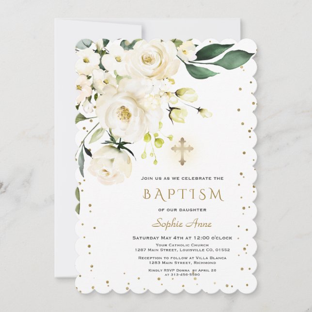 Invitation Charme Fleurs blanches Croix d'or Fille Baptême (Devant)