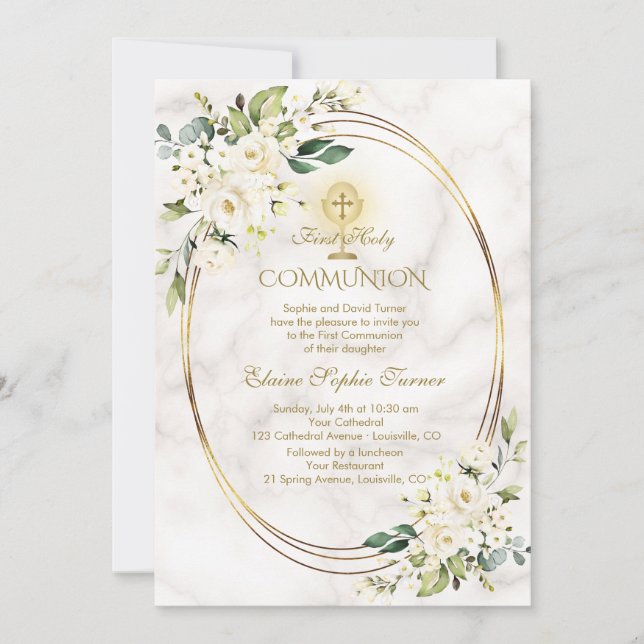 Invitation Charme Fleurs blanches Marbre Or Sainte Communion (Devant)