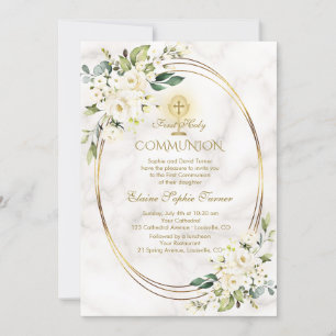 Invitation Charme Fleurs blanches Marbre Or Sainte Communion