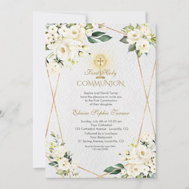 Invitation Charme Fleurs blanches Or Première Communion saint (Devant)