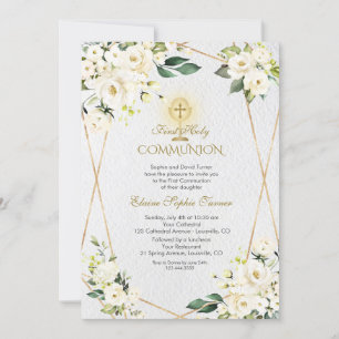 Invitation Charme Fleurs blanches Or Première Communion saint