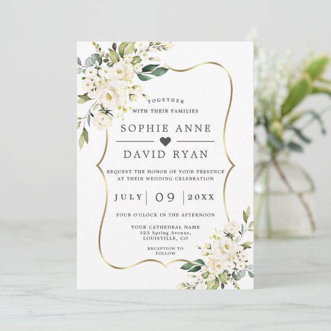Invitation Charme Fleurs Blanches Or Tout en un Mariage (Debout devant)