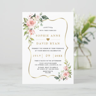 Invitation Charme Luxe rose Fleurs blanches Mariage or
