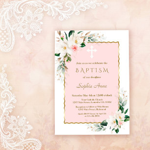 Invitation Charme Magnolia Blanc Rose Or Floral Baptême