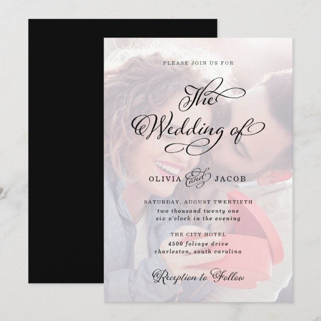 Invitation Charme mariage | Photo de calligraphie noir et bla (Devant / Derrière)