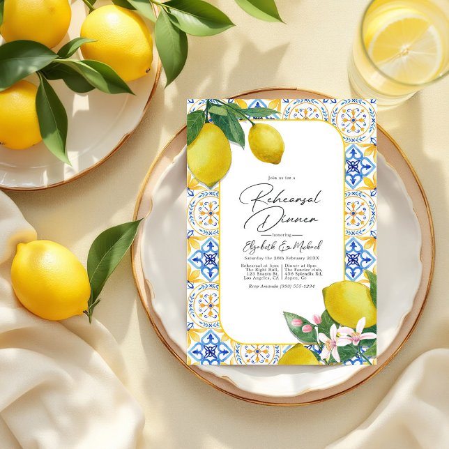 Invitation Charme méditerranéen Citron Dîner de répétition it (Mediterranean Charm Lemon Italian Rehearsal Dinner Invitation)