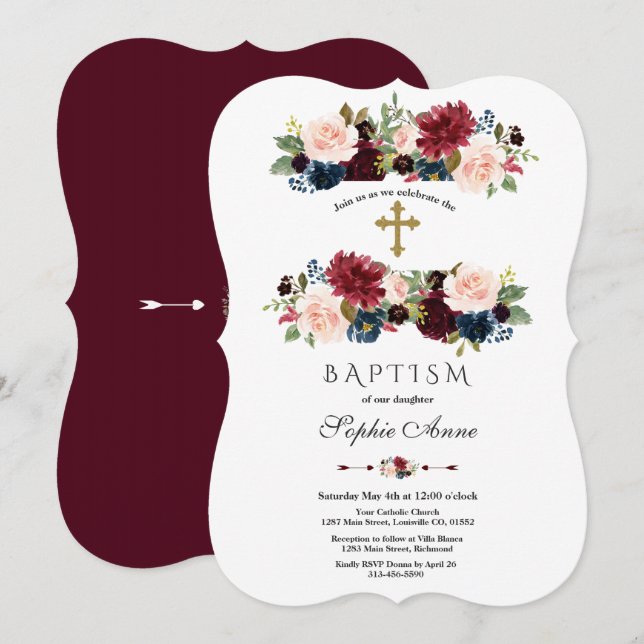 Invitation Charme Merlot Marine Bleu Floral Baptême (Devant / Derrière)