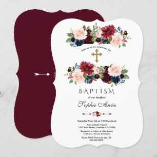 Invitation Charme Merlot Marine Bleu Floral Baptême