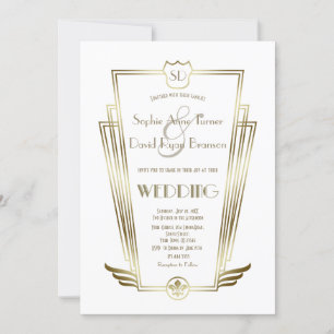 Invitation Charme Monogram Gold Art Déco Mariage blanc