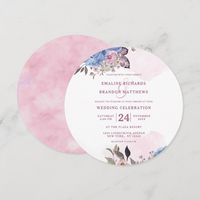 Invitation Charme parisien Bleu & Rose Floral Mariage Round (Devant / Derrière)