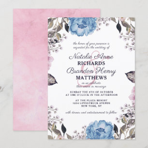 Invitation Charme Parisien Fleurs Bleues et Roses Bordure Mar